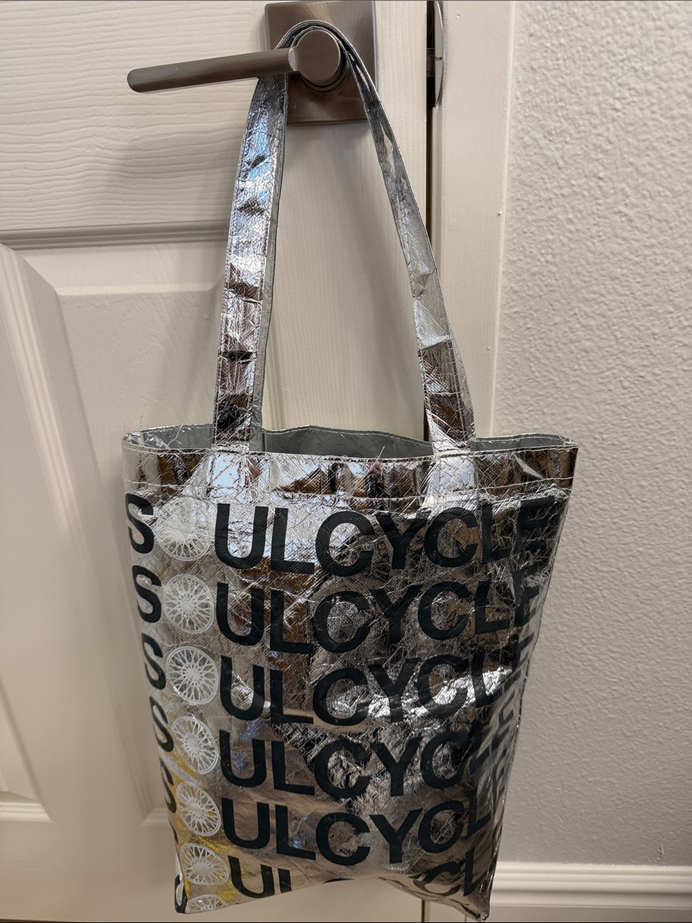soulcycle Metallic Silver Logo Tote with Black Print
